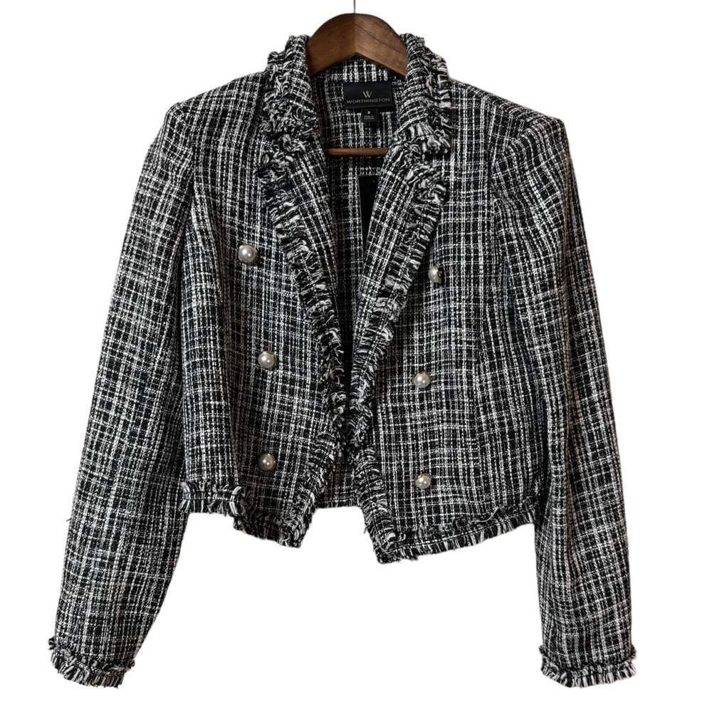 Worthington Tweed Blazer Jacket Womens Size Small NWT Ruffled Black White Career